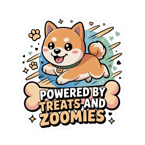 Cute Shiba Inu Powered by Treats and Zoomies Sticker