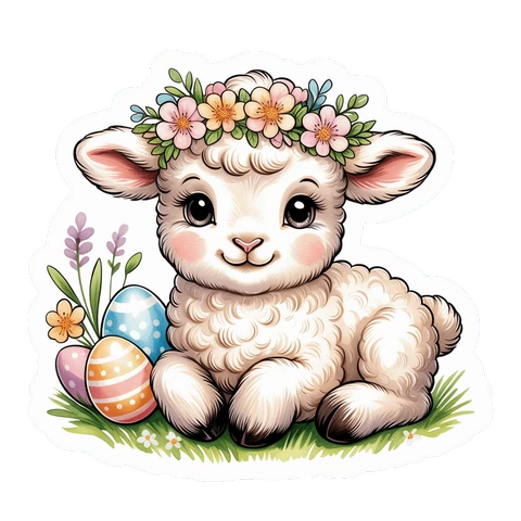 Cute Spring Lamb With Easter Eggs Vinyl Sticker