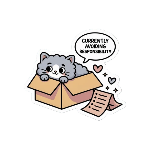 Cute Cat in Box Avoiding Responsibility Sticker
