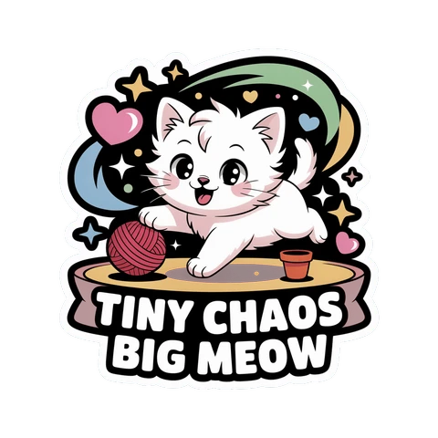 Cute White Kitten Vinyl Sticker - Tiny Chaos Big Meow Kawaii Cat Decal
