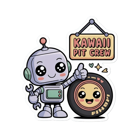 Kawaii Pit Crew Robot and Tire Vinyl Sticker