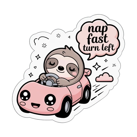 Cute Sloth Driving Pink Car Nap Fast Turn Left Sticker