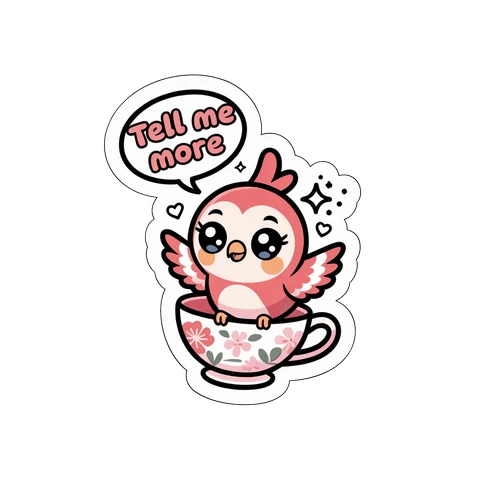 Cute Gossip Bird in Teacup Tell Me More Sticker