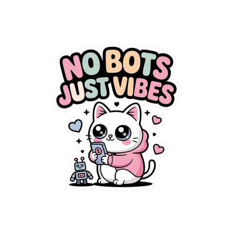 No Bots Just Vibes Kawaii Cat Vinyl Sticker