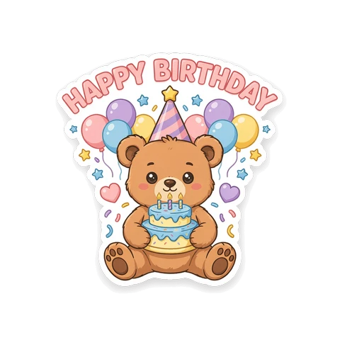 Cute Teddy Bear Happy Birthday Cake Vinyl Sticker