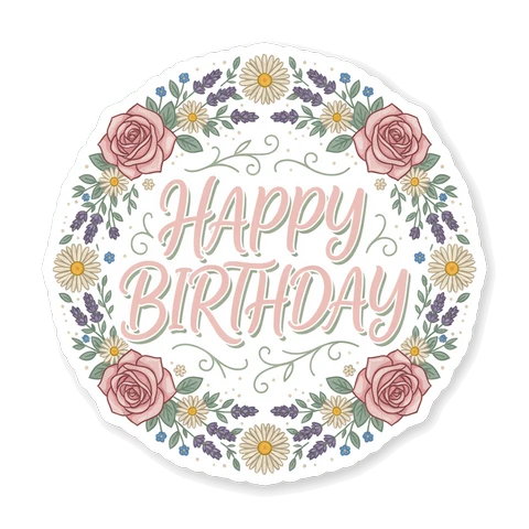 Floral Happy Birthday Round Vinyl Sticker