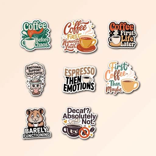 8 Funny Coffee Sticker Pack — Premium Vinyl Decals