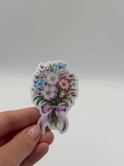 Pastel Wildflower Bouquet With Pink Ribbon Sticker