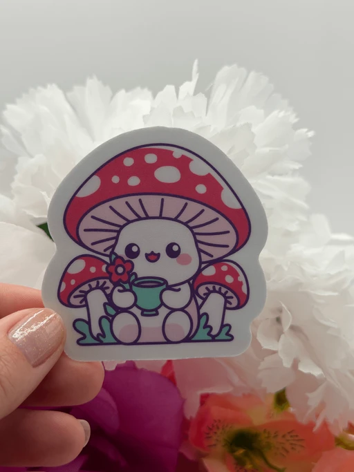 Cute Kawaii Amanita Mushroom With Tea Vinyl Sticker