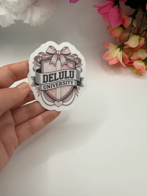 Delulu University Pink Coquette Crest Sticker