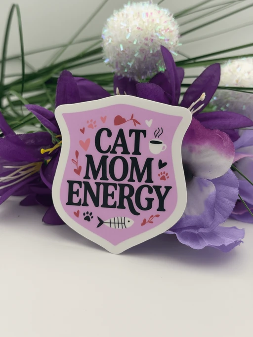 Cat Mom Energy Pink Cute Coffee Vinyl Sticker