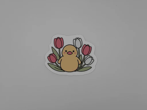 Cute Duck Sticker - Kawaii Duckling Tulip Die Cut Floral Sticker