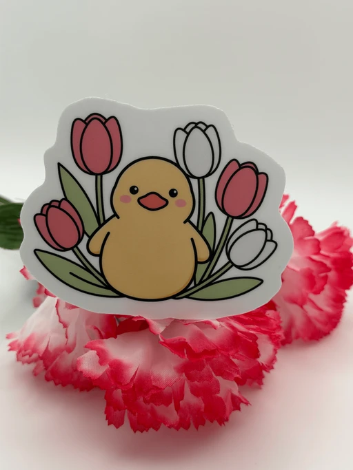 Cute Duck Sticker - Kawaii Duckling Tulip Die Cut Floral Sticker