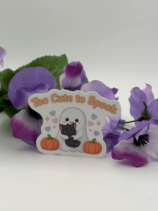 Kawaii Halloween Vinyl Sticker - Ghost Cat Too Cute to Spook