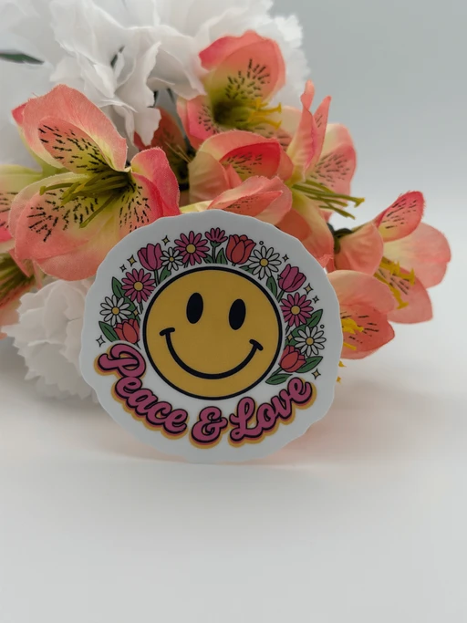 Peace and Love Smiley Face Floral Sticker