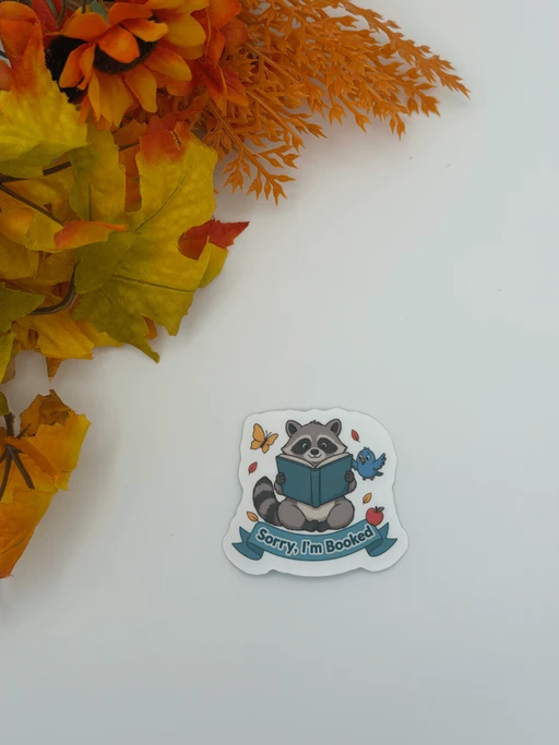 Cute Raccoon Reading Vinyl Sticker Sorry I'm Booked