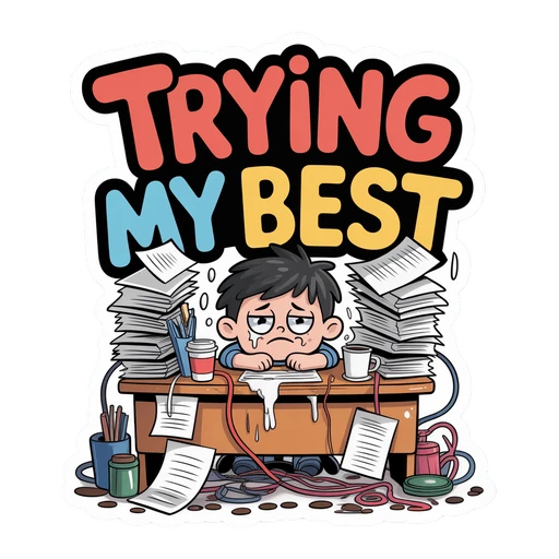Funny Overworked Desk Cartoon Sticker