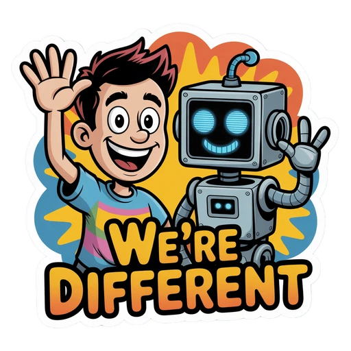 Fun Cartoon Boy and Robot We're Different Sticker