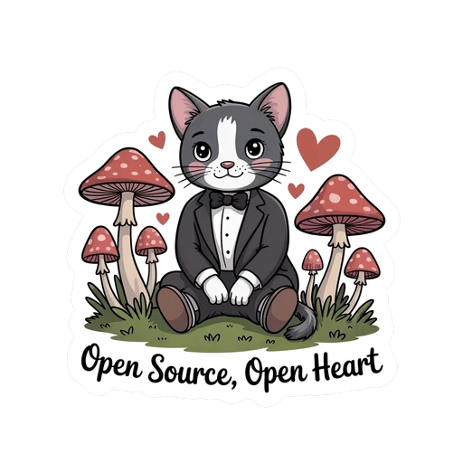 Charming Tuxedo Cat with Mushrooms Vinyl Sticker