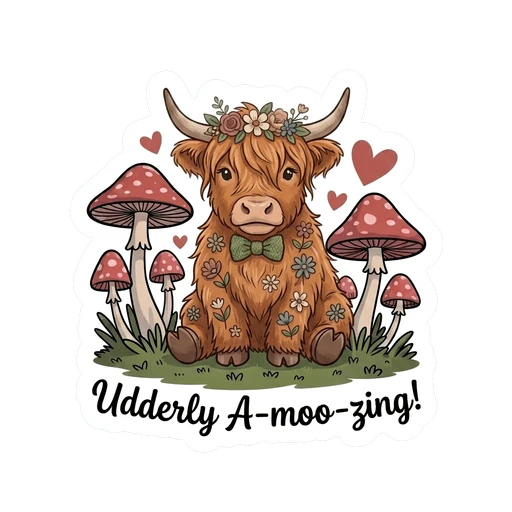 Adorable Highland Cow with Mushrooms Vinyl Sticker