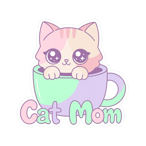 Kawaii Cat Mom Teacup Pastel Vinyl Sticker