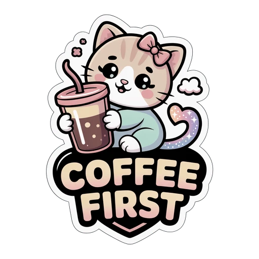 Cute Coffee First Cat With Tumbler Vinyl Sticker