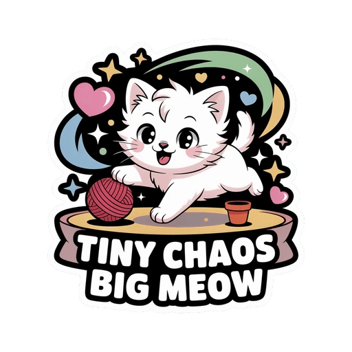 Cute White Kitten Vinyl Sticker - Tiny Chaos Big Meow Kawaii Cat Decal
