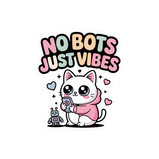 No Bots Just Vibes Kawaii Cat Vinyl Sticker