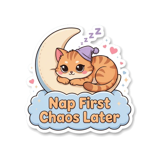 Cute Sleeping Cat Nap First Chaos Later Sticker