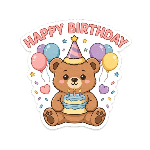Cute Birthday Bear With Cake Vinyl Sticker