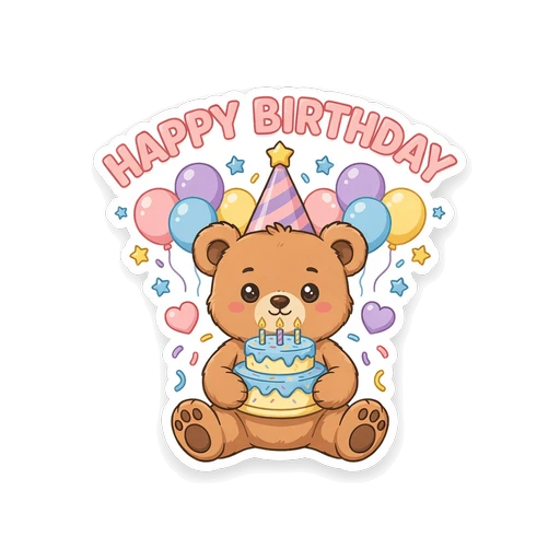 Cute Teddy Bear Happy Birthday Cake Vinyl Sticker