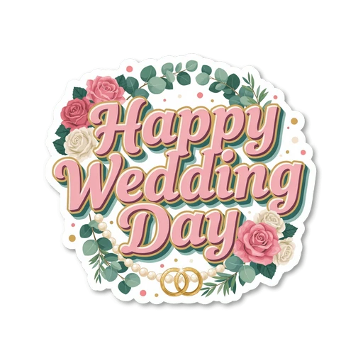 Happy Wedding Day Floral Roses Vinyl Sticker